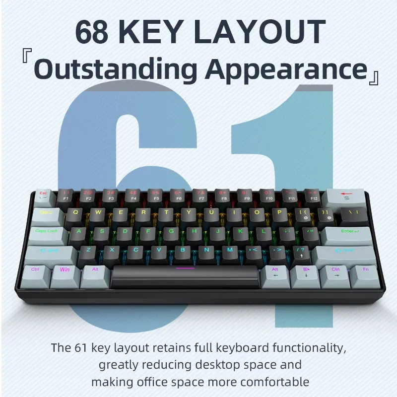 APAYADO K61 Mini Clavier Mécanique Filaire, 61 Touches, Rétroéclairage RGB Phantom, Interrupteurs Mécaniques Noirs, Blancs, Rouges ou Bleus pour le Gaming, Format 60 %, Portable - Image 1