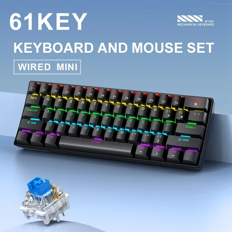 APAYADO K61 Mini Clavier Mécanique Filaire, 61 Touches, Rétroéclairage RGB Phantom, Interrupteurs Mécaniques Noirs, Blancs, Rouges ou Bleus pour le Gaming, Format 60 %, Portable 3