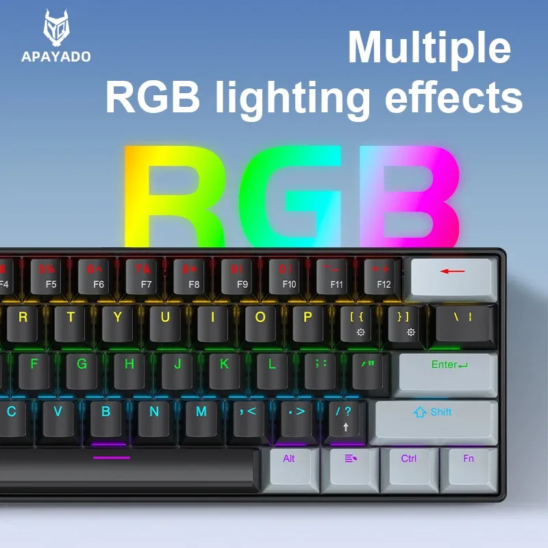 APAYADO K61 Mini Clavier Mécanique Filaire, 61 Touches, Rétroéclairage RGB Phantom, Interrupteurs Mécaniques Noirs, Blancs, Rouges ou Bleus pour le Gaming, Format 60 %, Portable 2