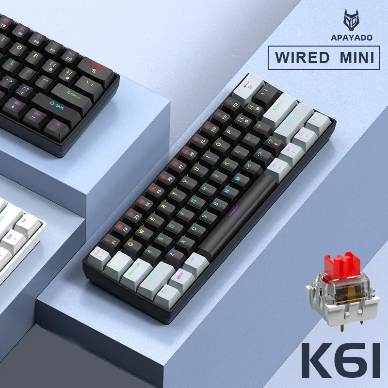 APAYADO K61 Mini Clavier Mécanique Filaire, 61 Touches, Rétroéclairage RGB Phantom, Interrupteurs Mécaniques Noirs, Blancs, Rouges ou Bleus pour le Gaming, Format 60 %, Portable 4