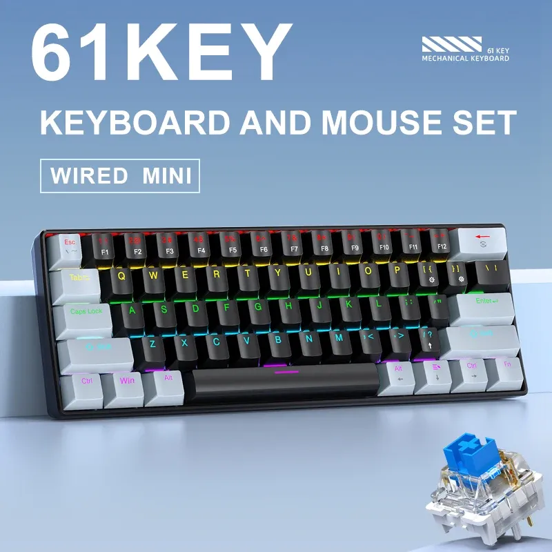 APAYADO K61 Mini Clavier Mécanique Filaire, 61 Touches, Rétroéclairage RGB Phantom, Interrupteurs Mécaniques Noirs, Blancs, Rouges ou Bleus pour le Gaming, Format 60 %, Portable 6