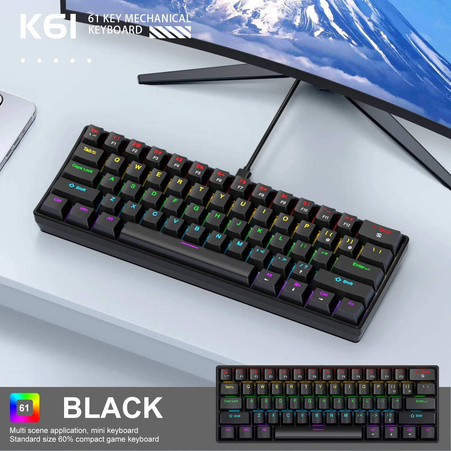 APAYADO K61 Mini Clavier Mécanique Filaire, 61 Touches, Rétroéclairage RGB Phantom, Interrupteurs Mécaniques Noirs, Blancs, Rouges ou Bleus pour le Gaming, Format 60 %, Portable 7