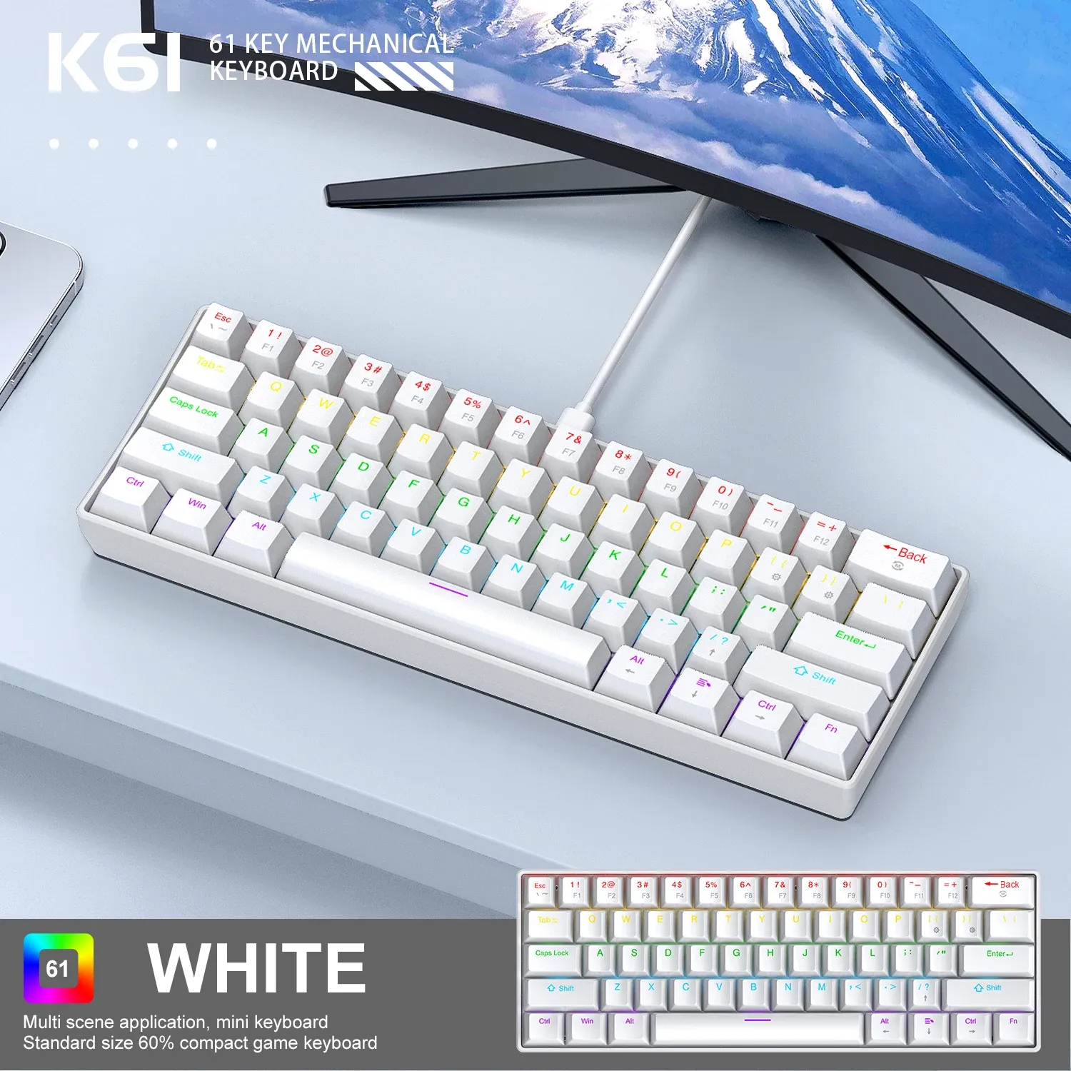 APAYADO K61 Mini Clavier Mécanique Filaire, 61 Touches, Rétroéclairage RGB Phantom, Interrupteurs Mécaniques Noirs, Blancs, Rouges ou Bleus pour le Gaming, Format 60 %, Portable 8
