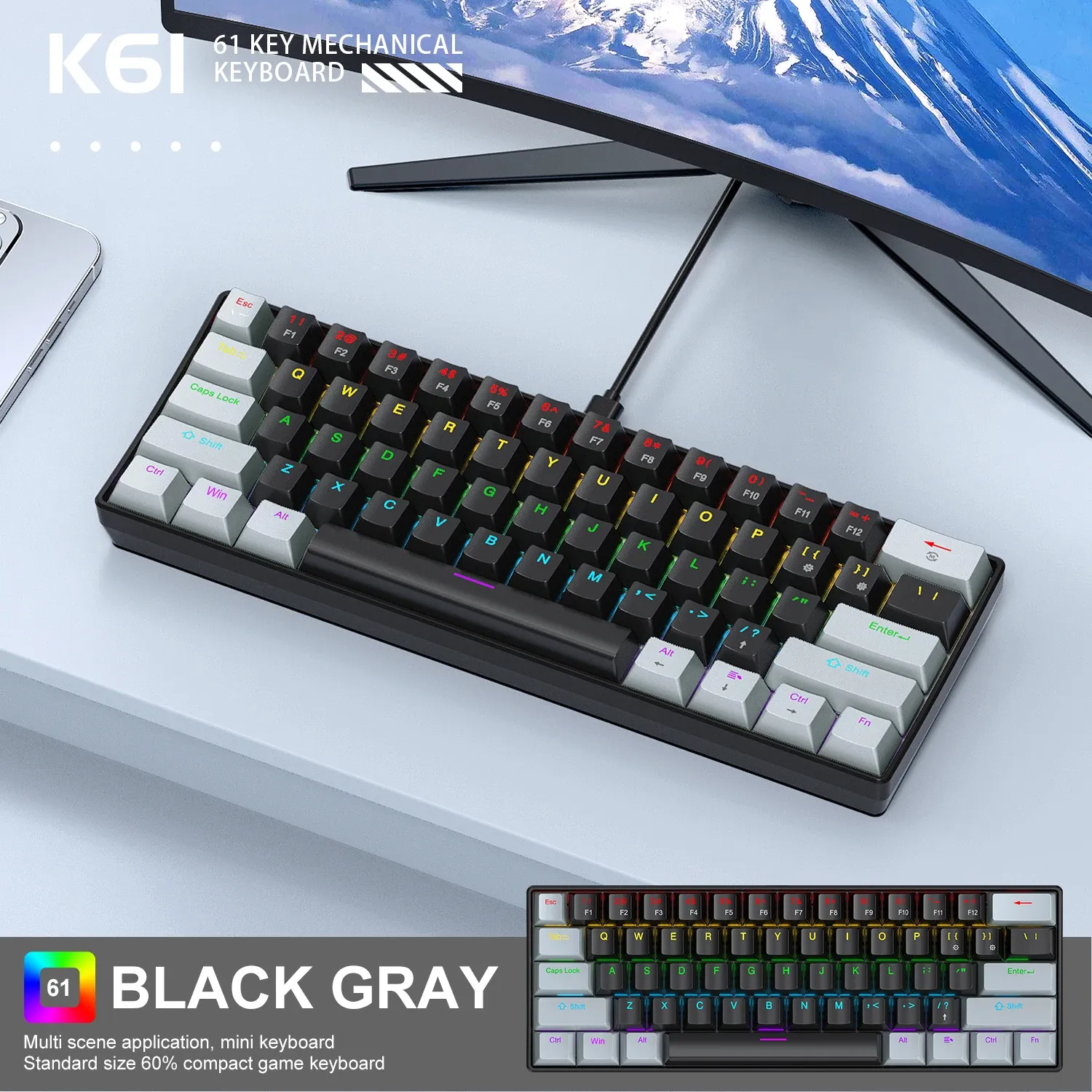 APAYADO K61 Mini Clavier Mécanique Filaire, 61 Touches, Rétroéclairage RGB Phantom, Interrupteurs Mécaniques Noirs, Blancs, Rouges ou Bleus pour le Gaming, Format 60 %, Portable 9