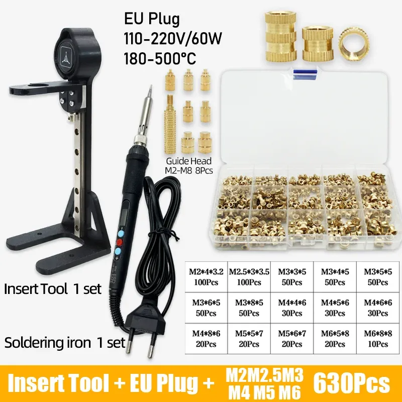 Ensemble d'inserts filetés à chaleur avec outil de pose et panne de fer à souder électrique, filetage laiton M2, M3, M4, M5, M6, M8, kit intégré pour impression 3D 11