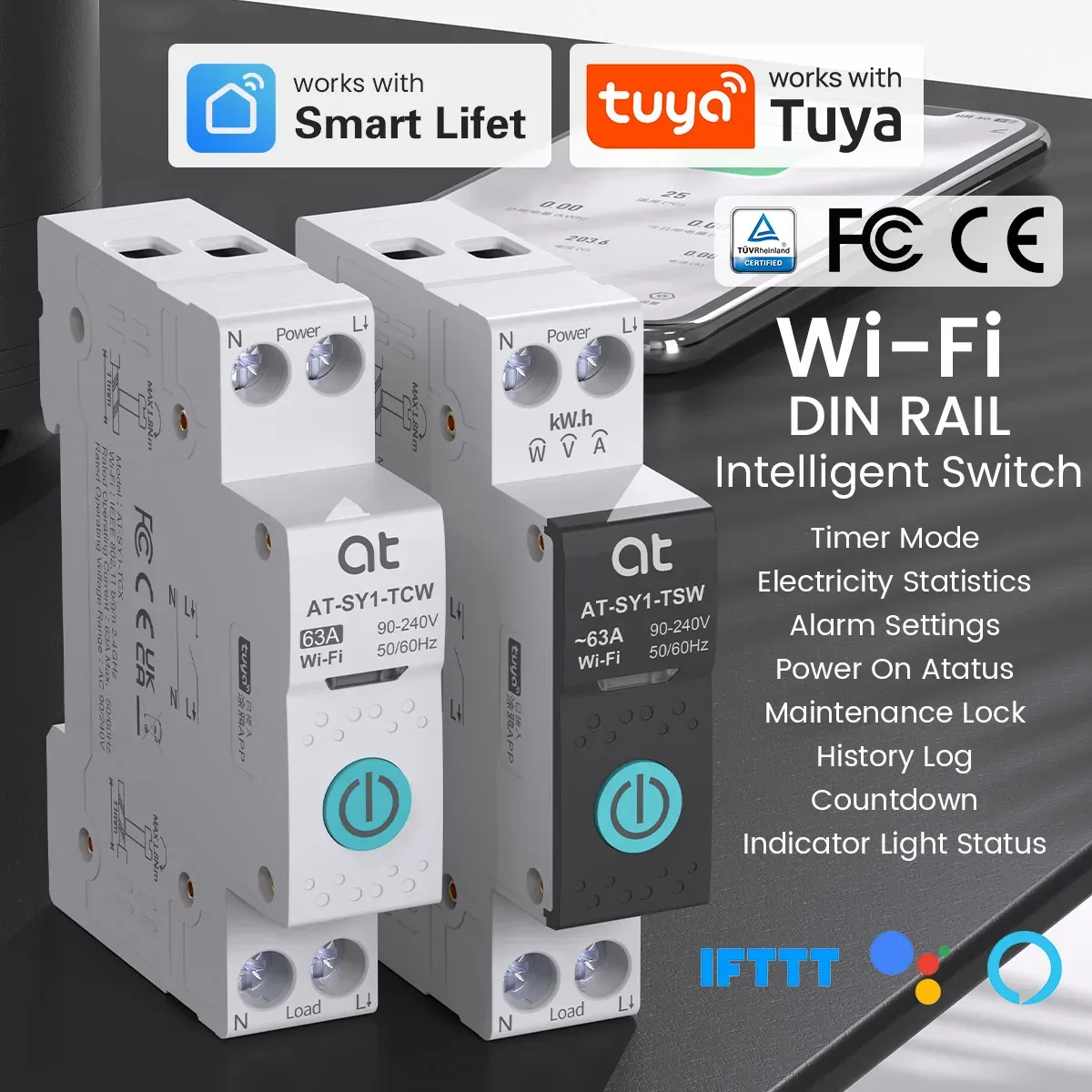 Disjoncteur intelligent Wi-Fi TUYA avec mesure de puissance 1P 63A sur rail DIN, pour maison connectée, commande à distance via application ATELE