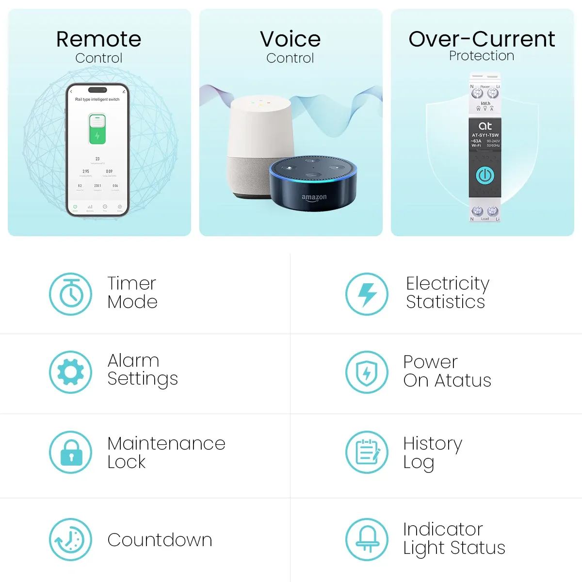Disjoncteur intelligent Wi-Fi TUYA avec mesure de puissance 1P 63A sur rail DIN, pour maison connectée, commande à distance via application ATELE 2