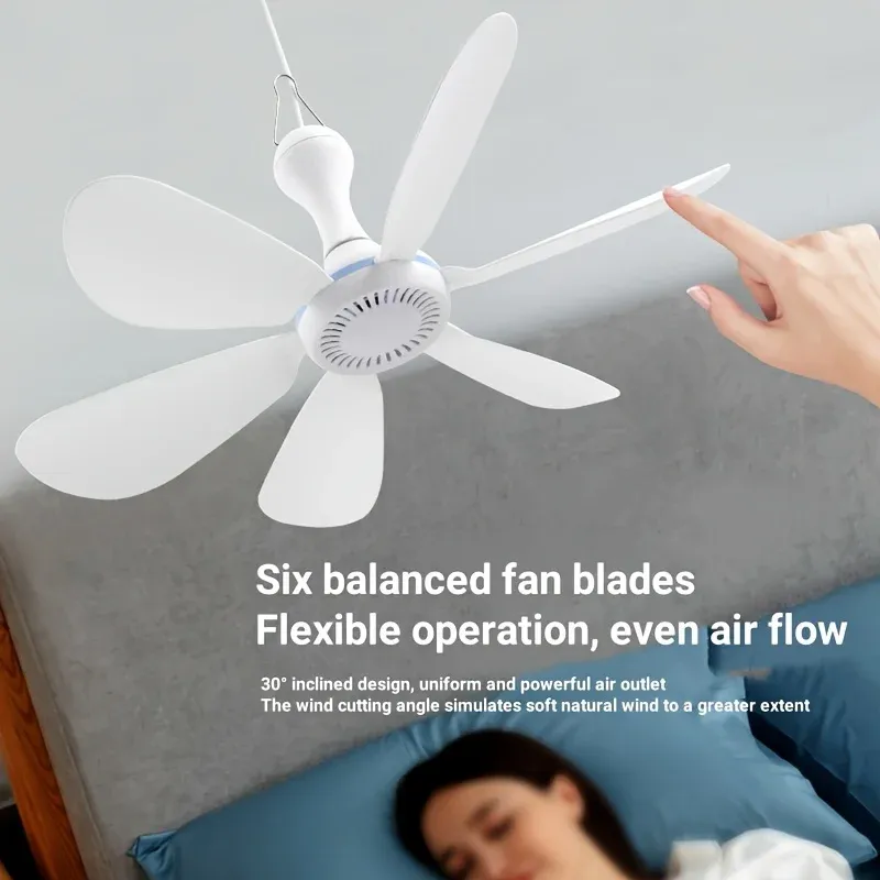 Ventilateur USB silencieux à 6 pales, ventilateur suspendu à 4 vitesses pour lit de camping et tente suspendue 4