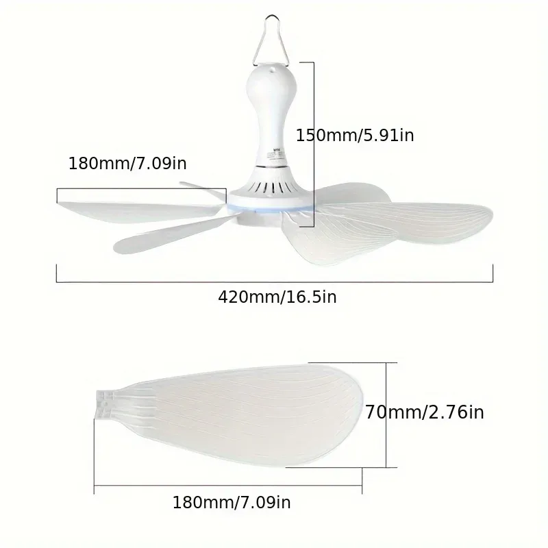 Ventilateur USB silencieux à 6 pales, ventilateur suspendu à 4 vitesses pour lit de camping et tente suspendue 6