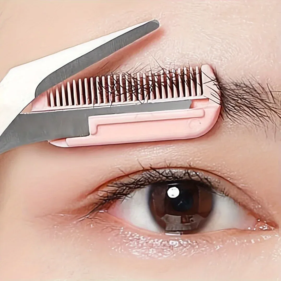 Ciseaux à sourcils roses avec peigne intégré en acier inoxydable, outil de toilettage précis - Image 1