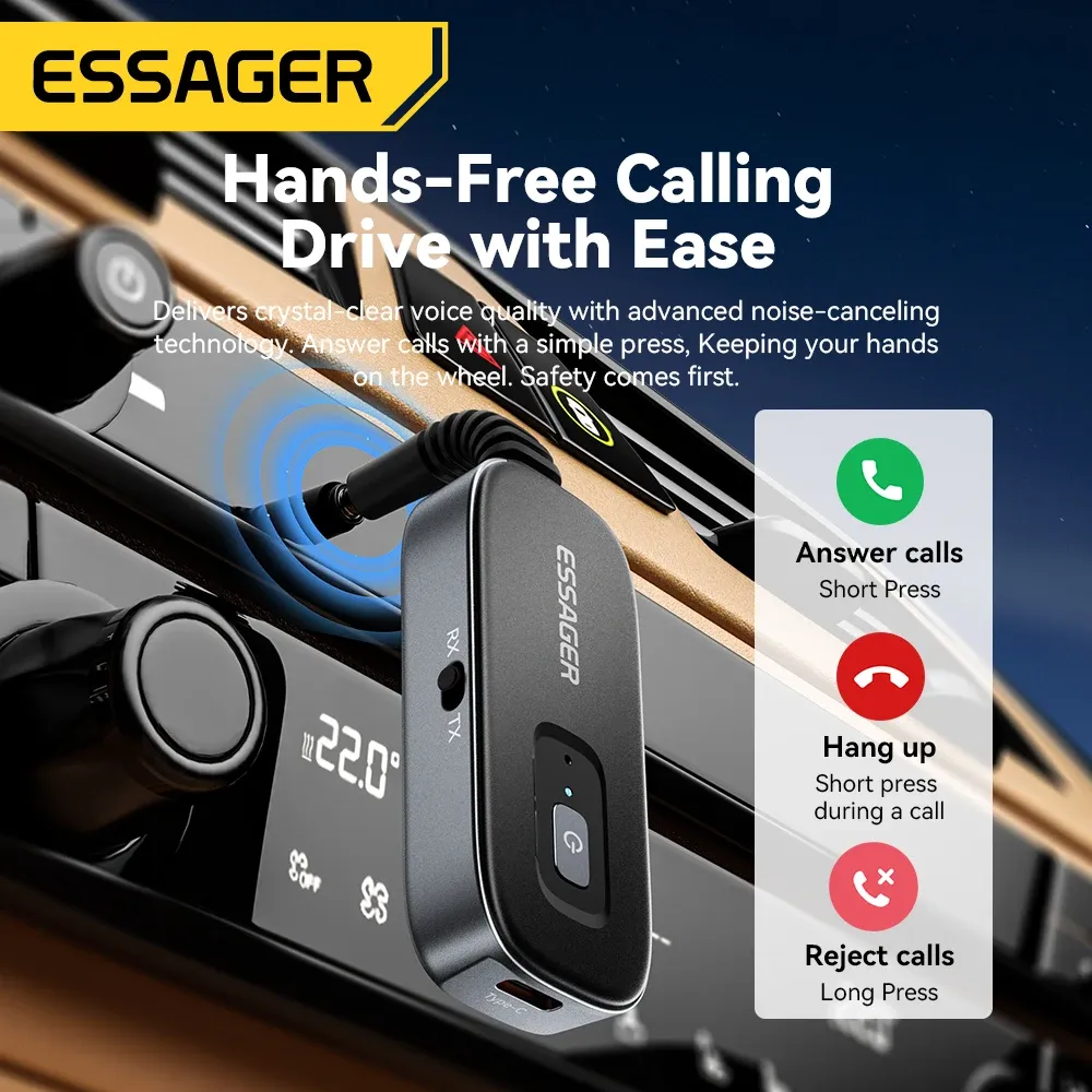 Essager Adaptateur Bluetooth 2-en-1 5.1 : récepteur et émetteur audio sans fil, sortie stéréo 3,5 mm (AUX) pour TV, voiture et écouteurs 3