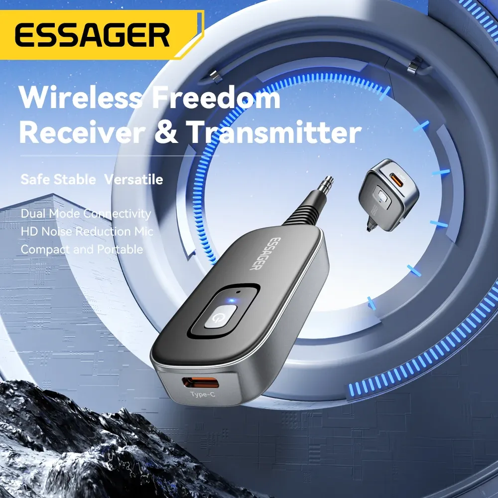 Essager Adaptateur Bluetooth 2-en-1 5.1 : récepteur et émetteur audio sans fil, sortie stéréo 3,5 mm (AUX) pour TV, voiture et écouteurs 2