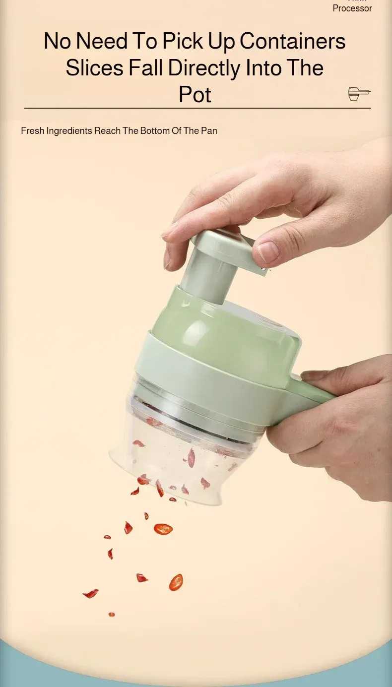 Coupe-légumes électrique 4 en 1 présenté dans une cuisine moderne