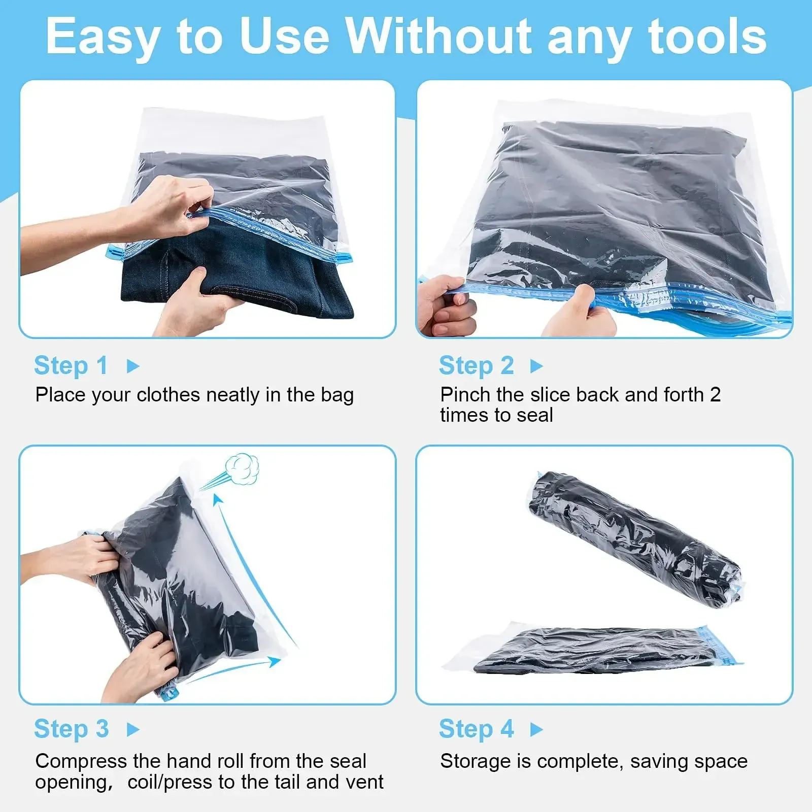 Sacs de rangement sous vide réutilisables, lot de 10, avec pompe à main pour voyage et gain de place 2
