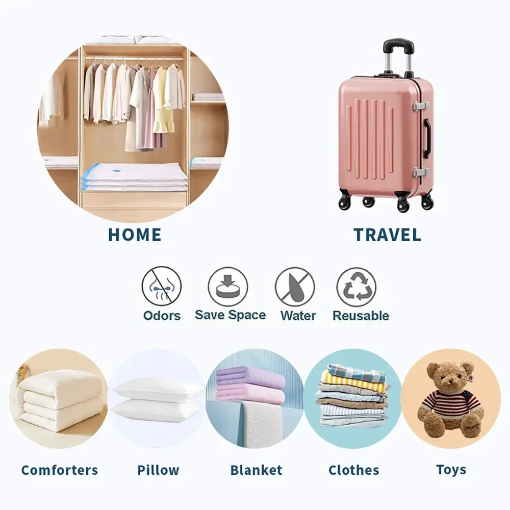 Sacs de rangement sous vide réutilisables, lot de 10, avec pompe à main pour voyage et gain de place 6