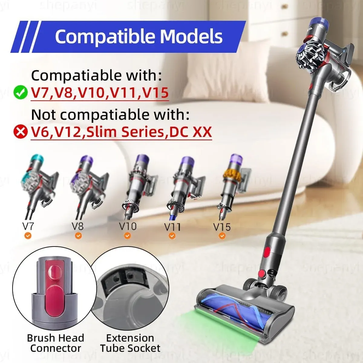 Brosse électrique LED pour aspirateurs Dyson V7, V8, V10, V11 et V15 à détection de poussière, pour sols durs et tapis 2