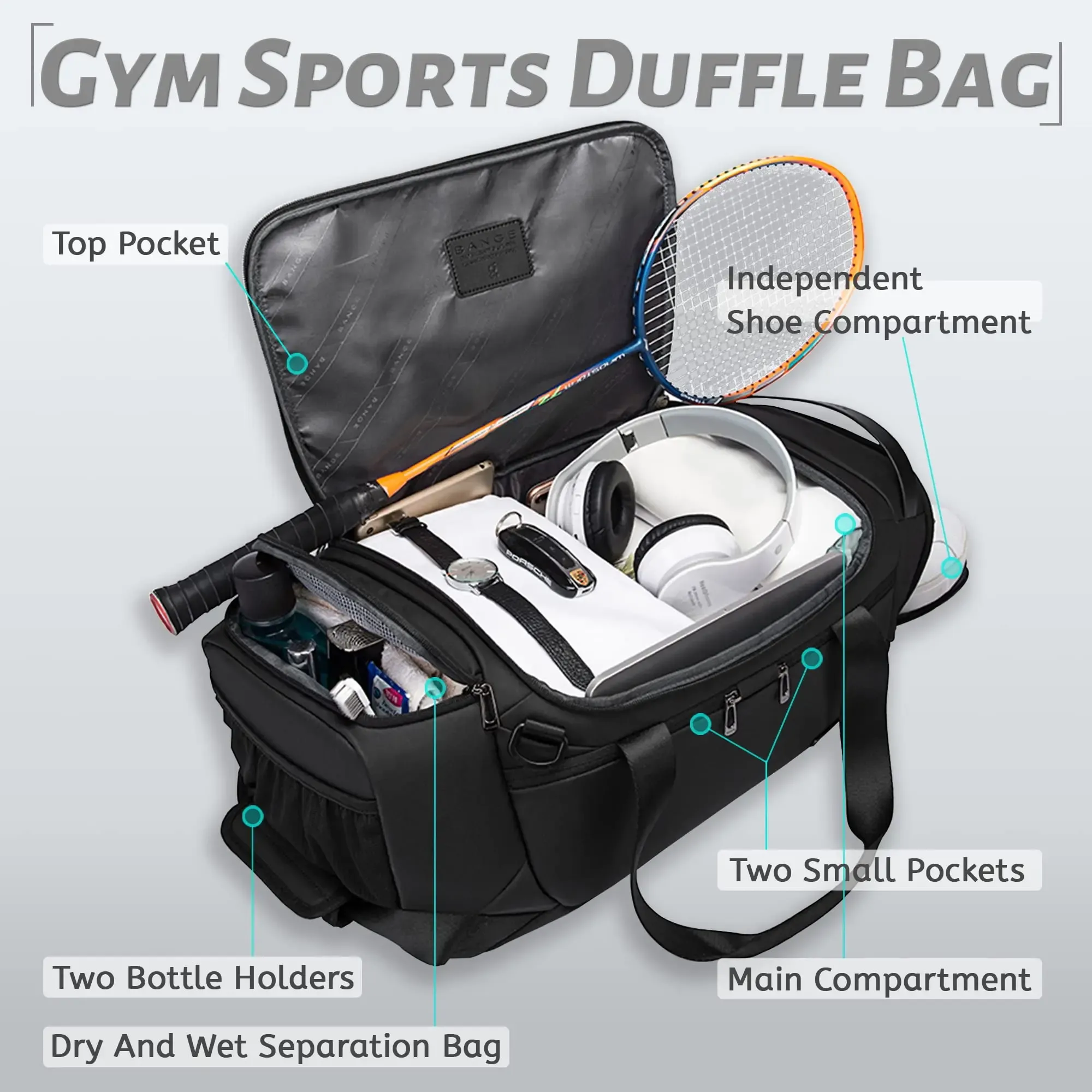 BANGE – Sacs polochons de sport imperméables avec compartiment à chaussures, sac de sport 21 pouces pour hommes avec compartiment humide et sec, sac de voyage 6
