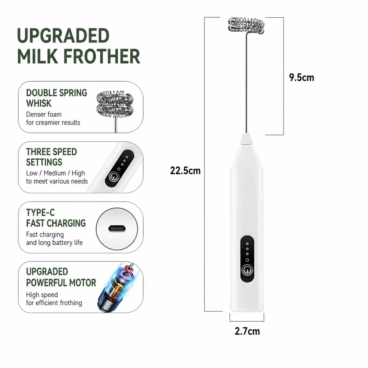 Fouet automatique portable en acier inoxydable à 3 vitesses, mousseur à lait rechargeable par USB 6
