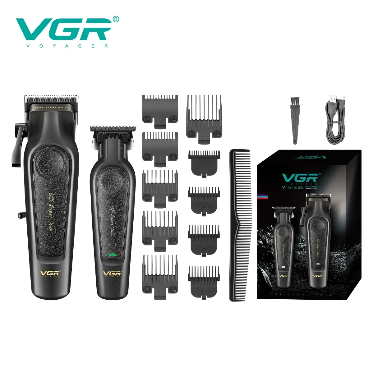 Ensemble tondeuse à cheveux haut de gamme VGR V-197 et 995 (2 pièces), corps métallique, tondeuse électrique, écran LED numérique, tête lubrifiée à l'huile 3