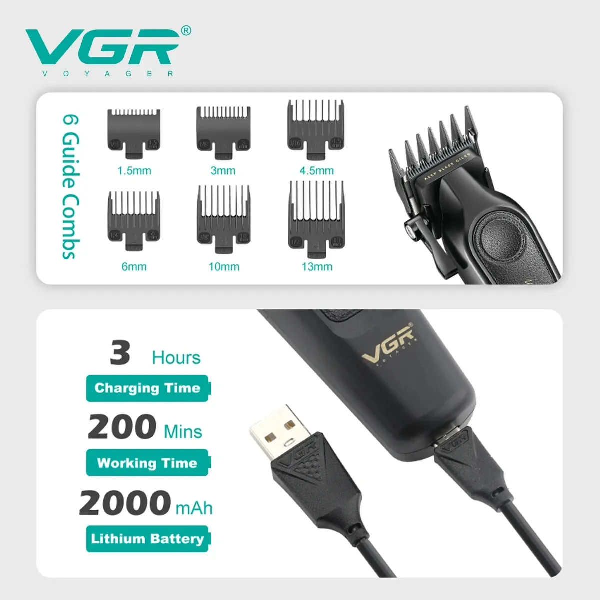 Ensemble tondeuse à cheveux haut de gamme VGR V-197 et 995 (2 pièces), corps métallique, tondeuse électrique, écran LED numérique, tête lubrifiée à l'huile 4