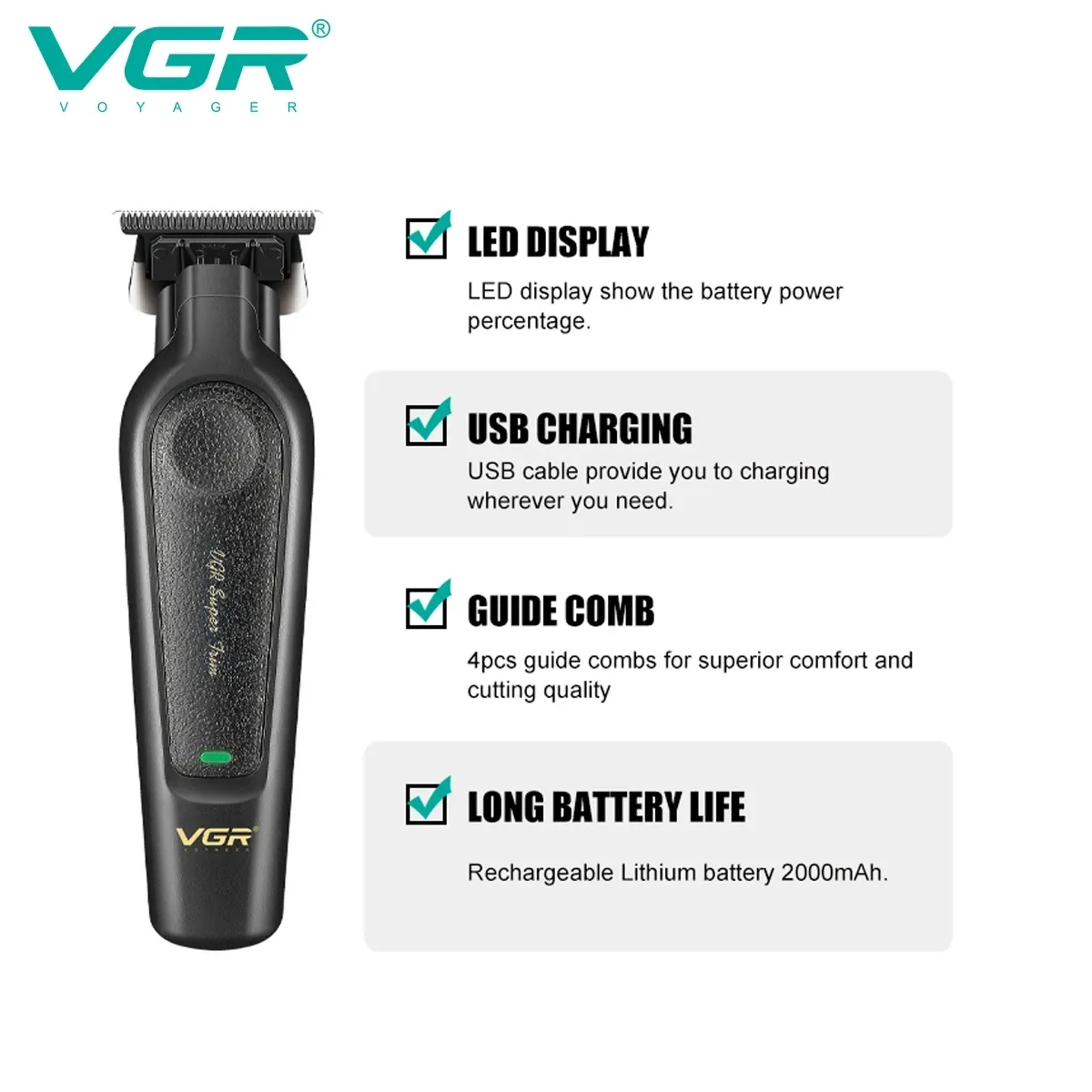 Ensemble tondeuse à cheveux haut de gamme VGR V-197 et 995 (2 pièces), corps métallique, tondeuse électrique, écran LED numérique, tête lubrifiée à l'huile 6