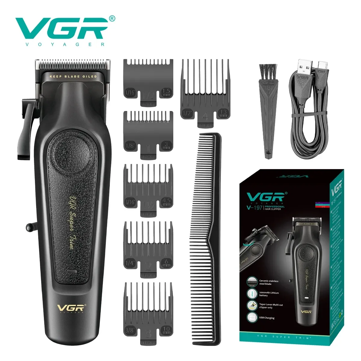 Ensemble tondeuse à cheveux haut de gamme VGR V-197 et 995 (2 pièces), corps métallique, tondeuse électrique, écran LED numérique, tête lubrifiée à l'huile 7