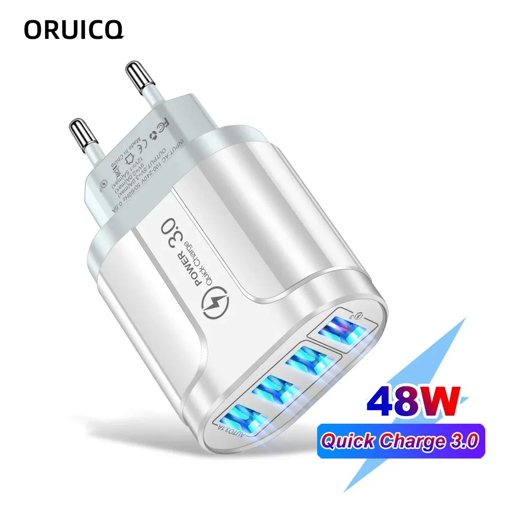 Chargeur USB 45W à charge rapide QC 3.0, adaptateur mural 4 ports pour iPhone 12, iPhone 11, Samsung, Xiaomi et autres mobiles, prise UE et US, idéal pour les voyages