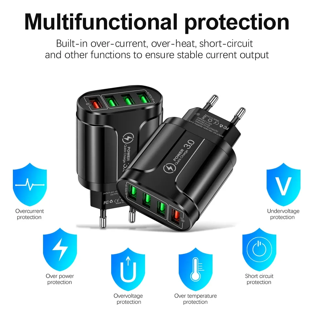 Chargeur USB 45W à charge rapide QC 3.0, adaptateur mural 4 ports pour iPhone 12, iPhone 11, Samsung, Xiaomi et autres mobiles, prise UE et US, idéal pour les voyages 3