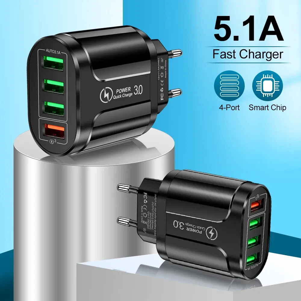 Chargeur USB 45W à charge rapide QC 3.0, adaptateur mural 4 ports pour iPhone 12, iPhone 11, Samsung, Xiaomi et autres mobiles, prise UE et US, idéal pour les voyages 2