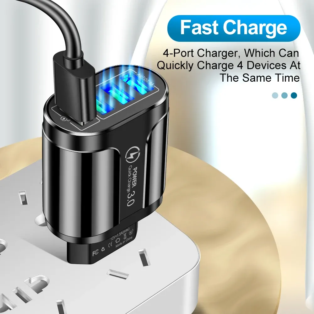 Chargeur USB 45W à charge rapide QC 3.0, adaptateur mural 4 ports pour iPhone 12, iPhone 11, Samsung, Xiaomi et autres mobiles, prise UE et US, idéal pour les voyages 6