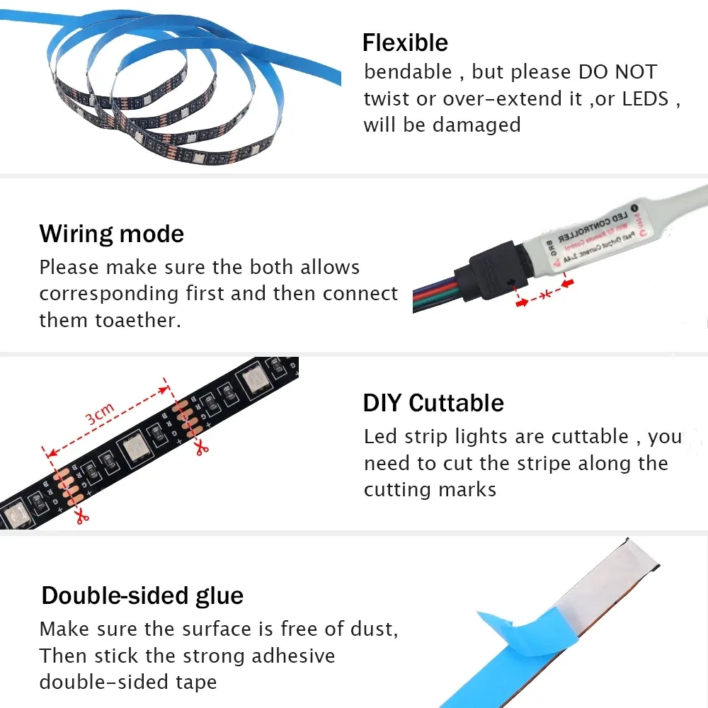 Bande lumineuse LED RGB 5050 alimentée en 5 V CC, IP21/IP65, avec télécommande à 3, 24 ou 44 touches, pour usage intérieur et extérieur 5