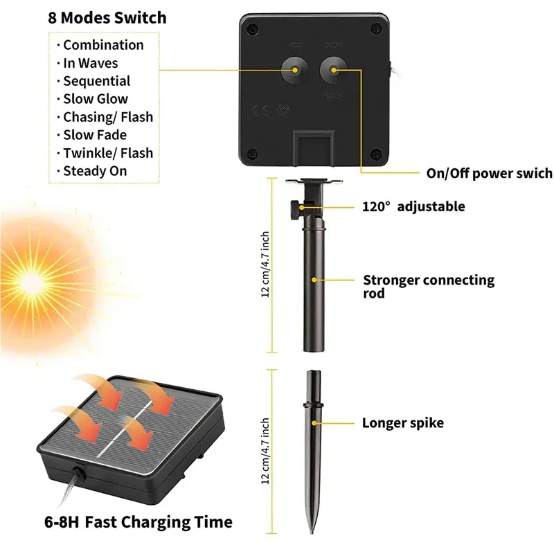 Guirlande lumineuse solaire LED d'extérieur étanche, 8 modes, 7 m / 12 m / 22 m / 32 m 6