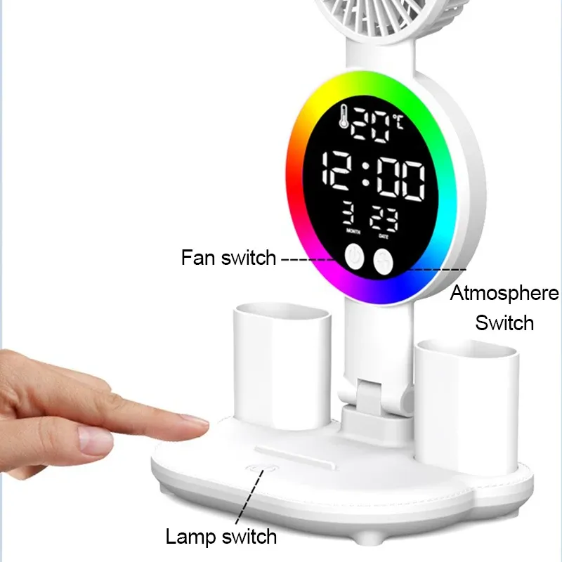Lampe de table LED rechargeable avec ventilateur et affichage horloge 5