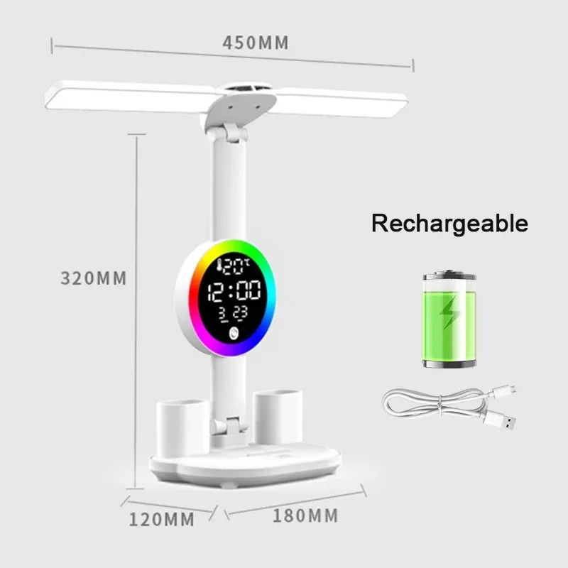 Lampe de table LED rechargeable avec ventilateur et affichage horloge 12