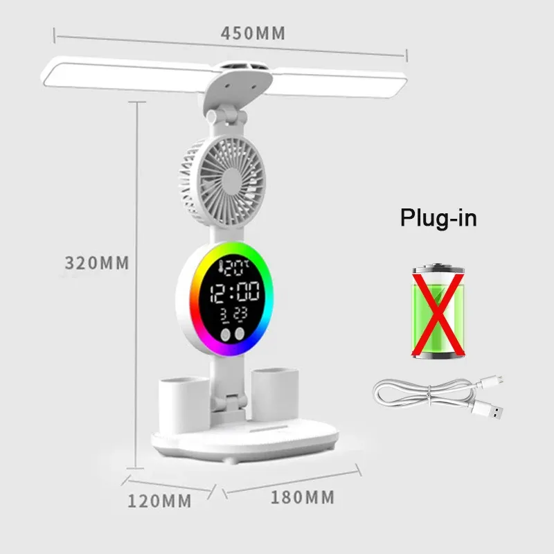 Lampe de table LED rechargeable avec ventilateur et affichage horloge 7