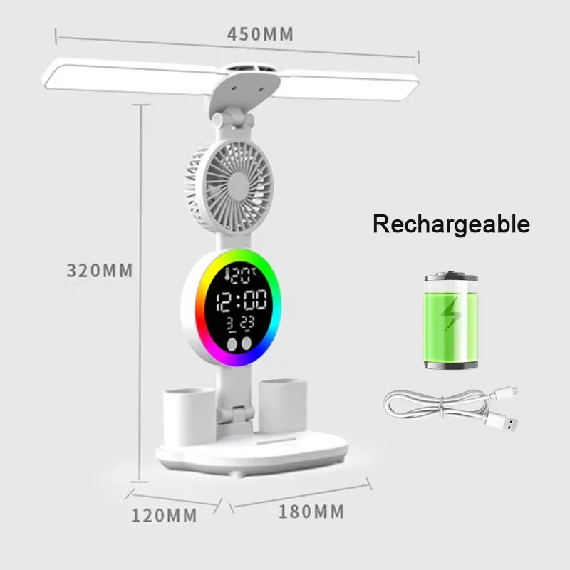 Lampe de table LED rechargeable avec ventilateur et affichage horloge 9