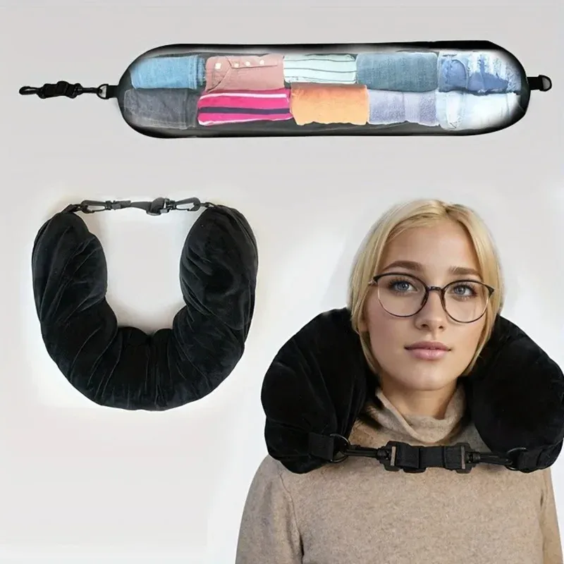 Oreiller de voyage avec pochette de rangement et support cervical réglable en polyester, confortable et léger 1