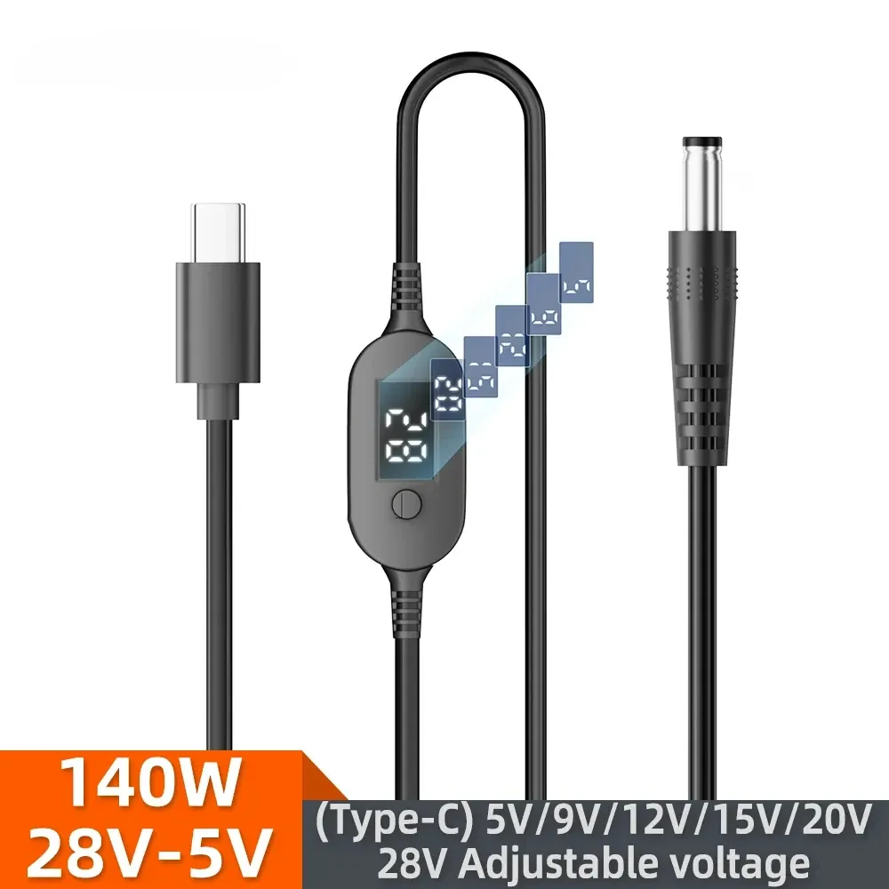 Câble d'alimentation USB-C vers DC 140 W avec tensions réglables 5 V, 9 V, 12 V, 15 V, 20 V et 28 V pour ordinateurs portables et routeurs 2