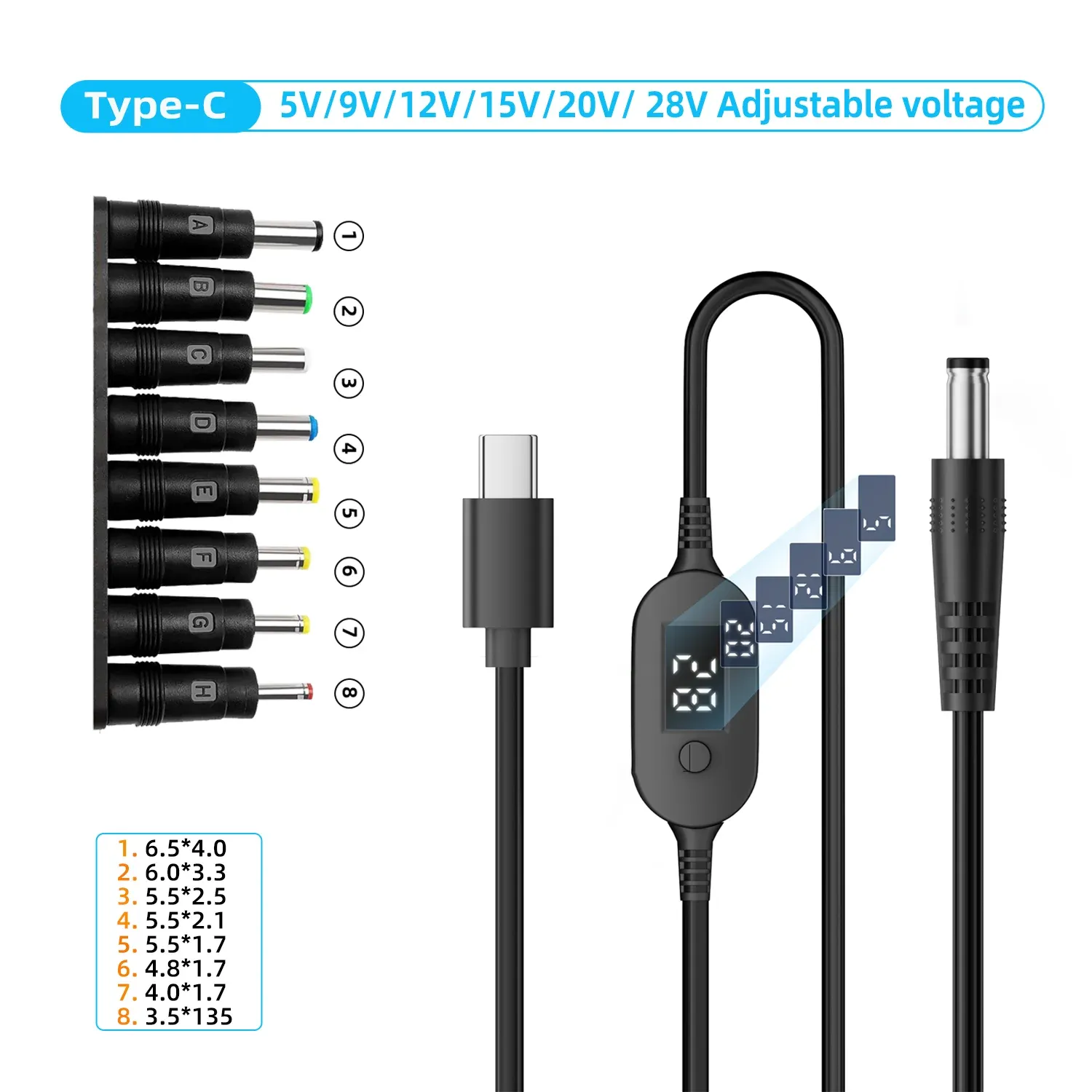 Câble d'alimentation USB-C vers DC 140 W avec tensions réglables 5 V, 9 V, 12 V, 15 V, 20 V et 28 V pour ordinateurs portables et routeurs 10