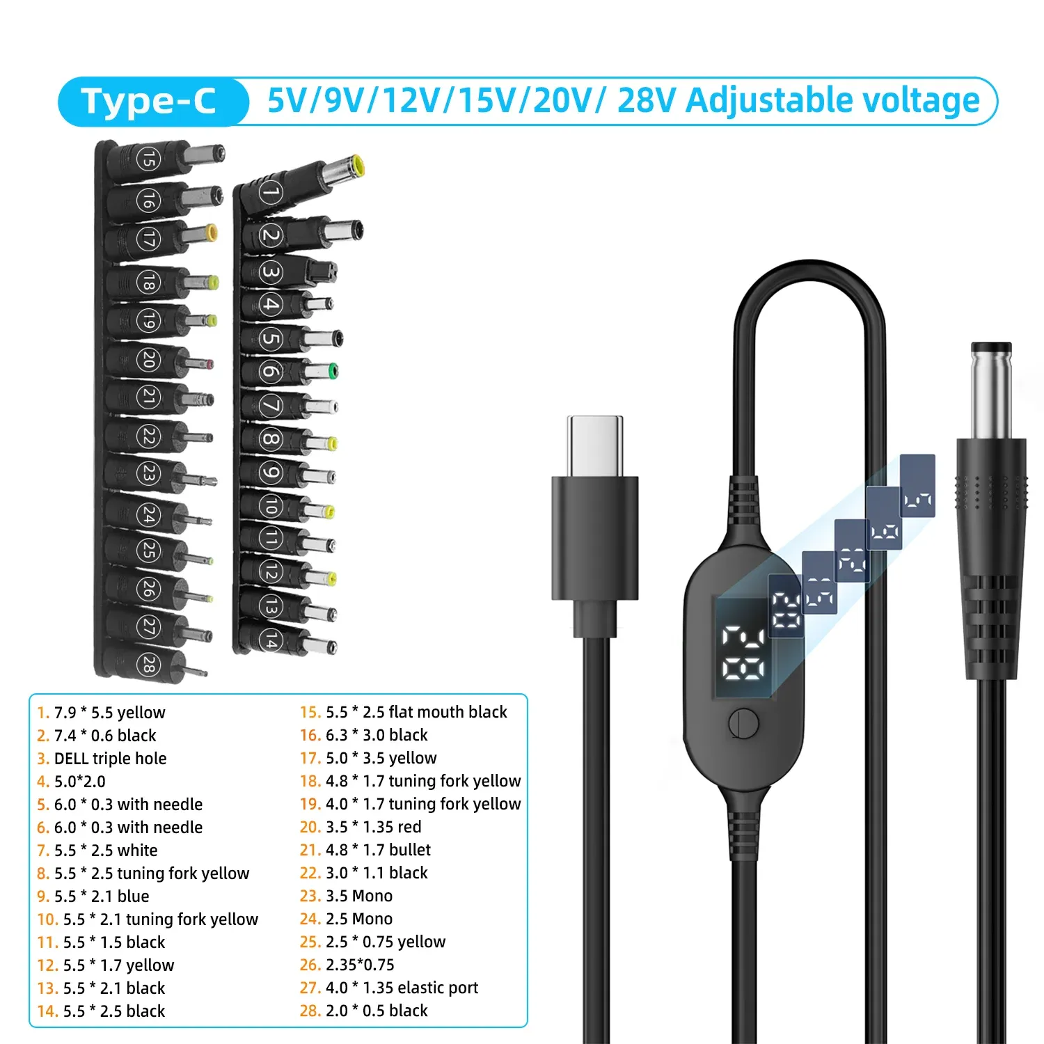 Câble d'alimentation USB-C vers DC 140 W avec tensions réglables 5 V, 9 V, 12 V, 15 V, 20 V et 28 V pour ordinateurs portables et routeurs 11