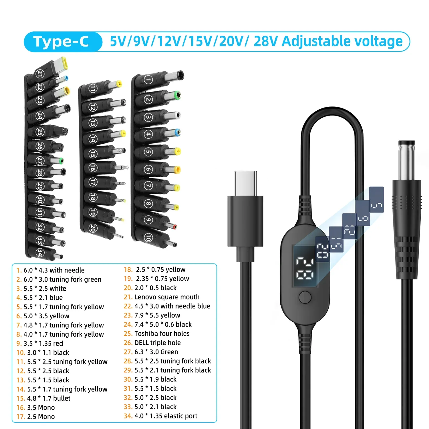 Câble d'alimentation USB-C vers DC 140 W avec tensions réglables 5 V, 9 V, 12 V, 15 V, 20 V et 28 V pour ordinateurs portables et routeurs 7