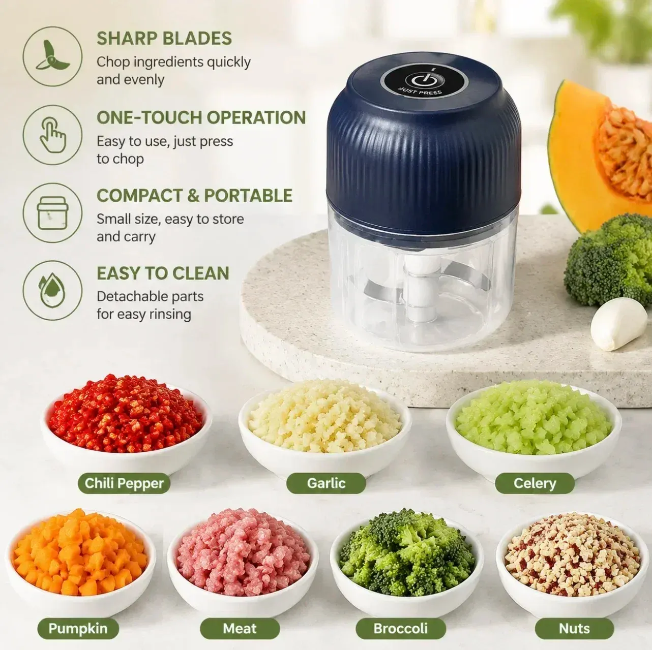 Mini hachoir électrique sans fil rechargeable par USB, 250 ml, pour l'ail et les aliments 2