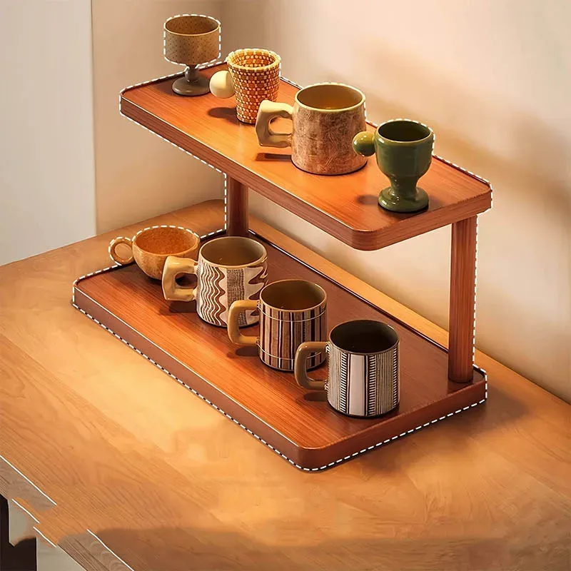 Étagère de rangement polyvalente en bois à 2 niveaux pour cuisine et salon de thé, organisateur de comptoir décoratif multicouche pour bureau