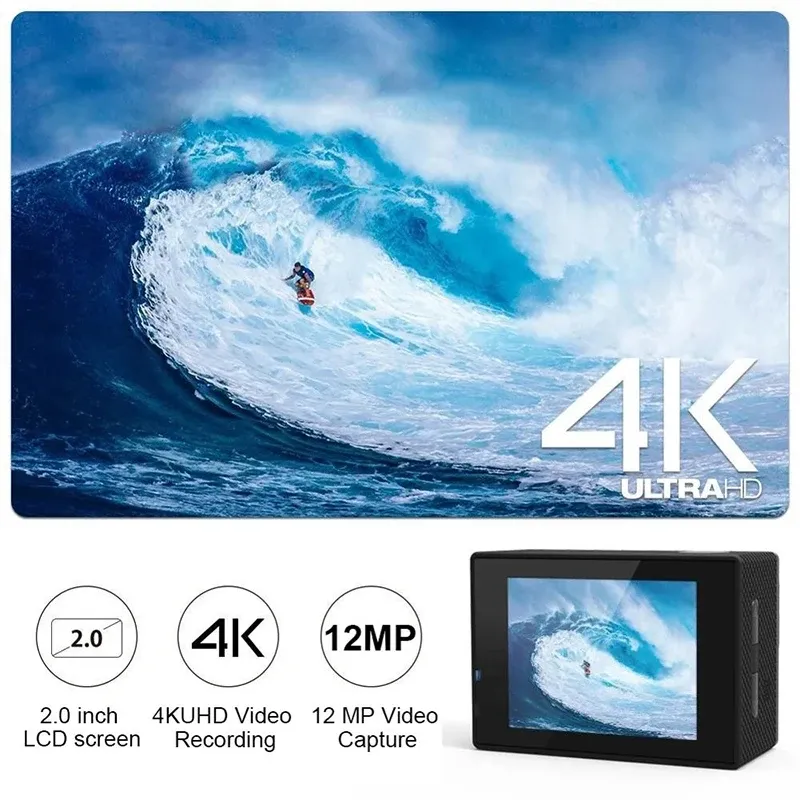 Caméra d'action 4K 1080P/30 FPS WiFi 2.0, boîtier étanche sous-marin 170°, caméra vidéo de sport et mini caméra d'extérieur 2