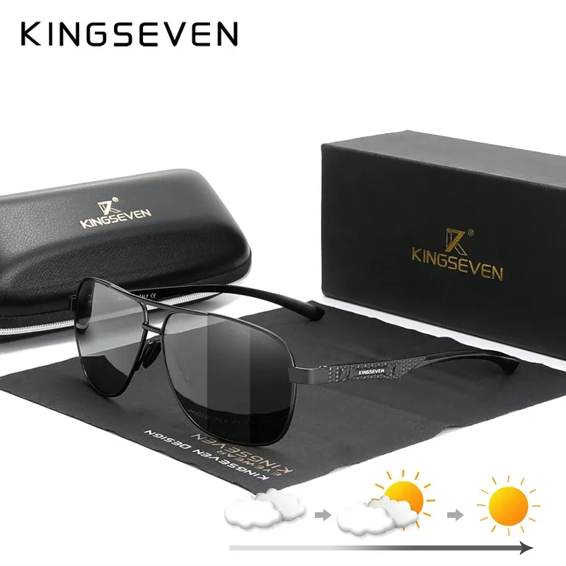 KINGSEVEN Lunettes de soleil polarisées en aluminium pour hommes, protection UV400, verres HD photochromiques à monture pilote 4