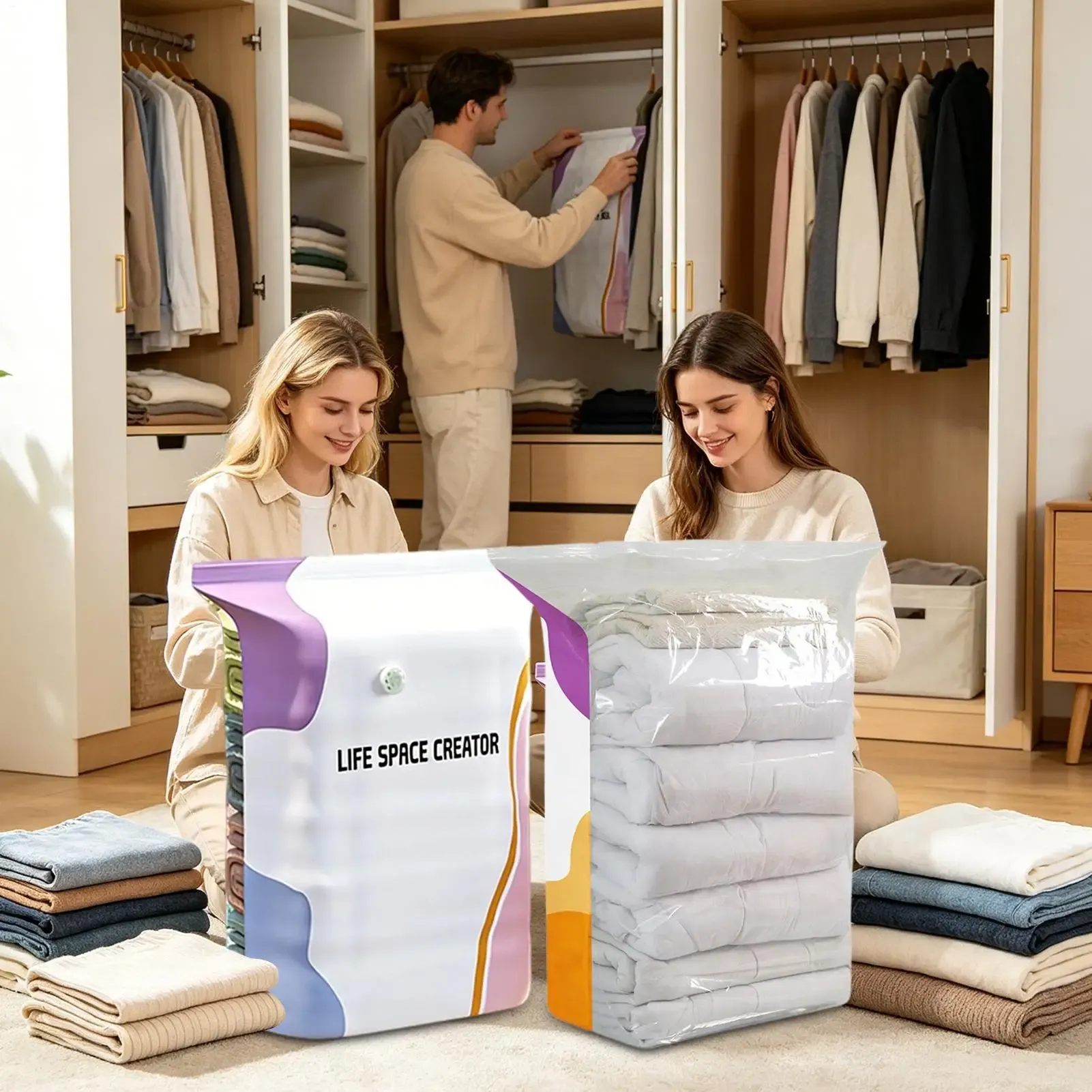 Lot de 3 sacs de rangement sous vide réutilisables sans pompe, hermétiques, pour vêtements, couvertures et literie 3