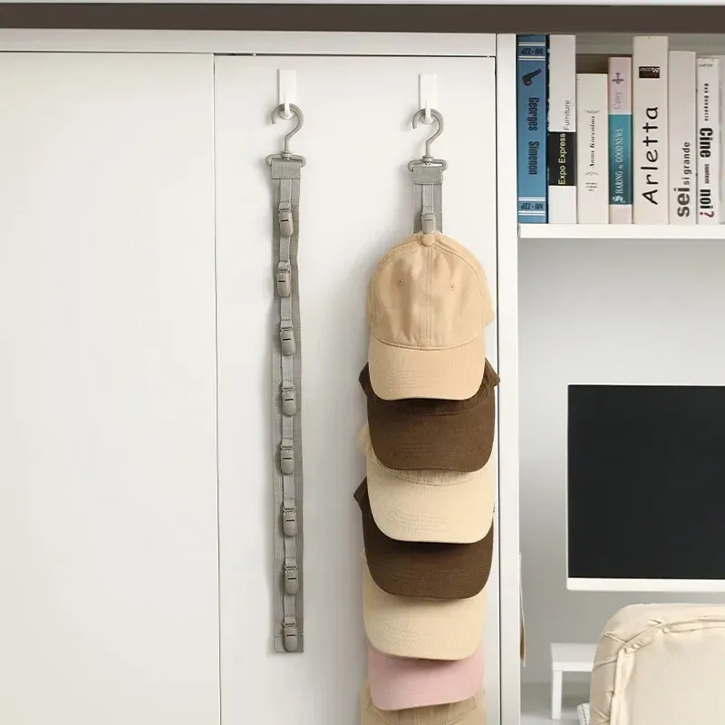 Porte-chapeaux suspendu pour garde-robe, avec corde et pinces de rangement, organisateur d'affichage pour casquettes de baseball, crochet pour porte de placard et chambre à coucher - Image 1