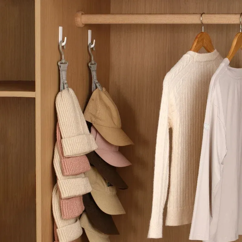 Porte-chapeaux suspendu pour garde-robe, avec corde et pinces de rangement, organisateur d'affichage pour casquettes de baseball, crochet pour porte de placard et chambre à coucher 4