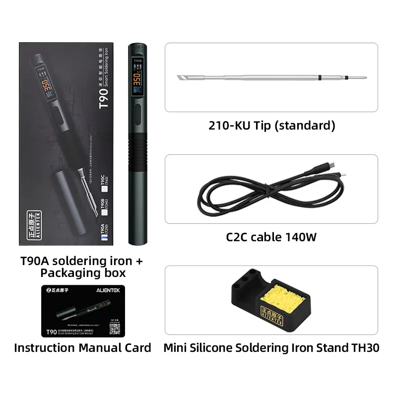 ALIENTEK T90 Fer à souder intelligent PD 3.1 140 W, écran numérique portable, 80 à 450 °C, kit de réparation de précision pour circuits imprimés 7