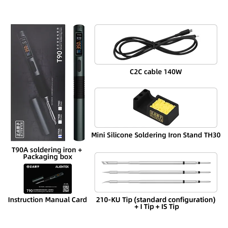 ALIENTEK T90 Fer à souder intelligent PD 3.1 140 W, écran numérique portable, 80 à 450 °C, kit de réparation de précision pour circuits imprimés 8